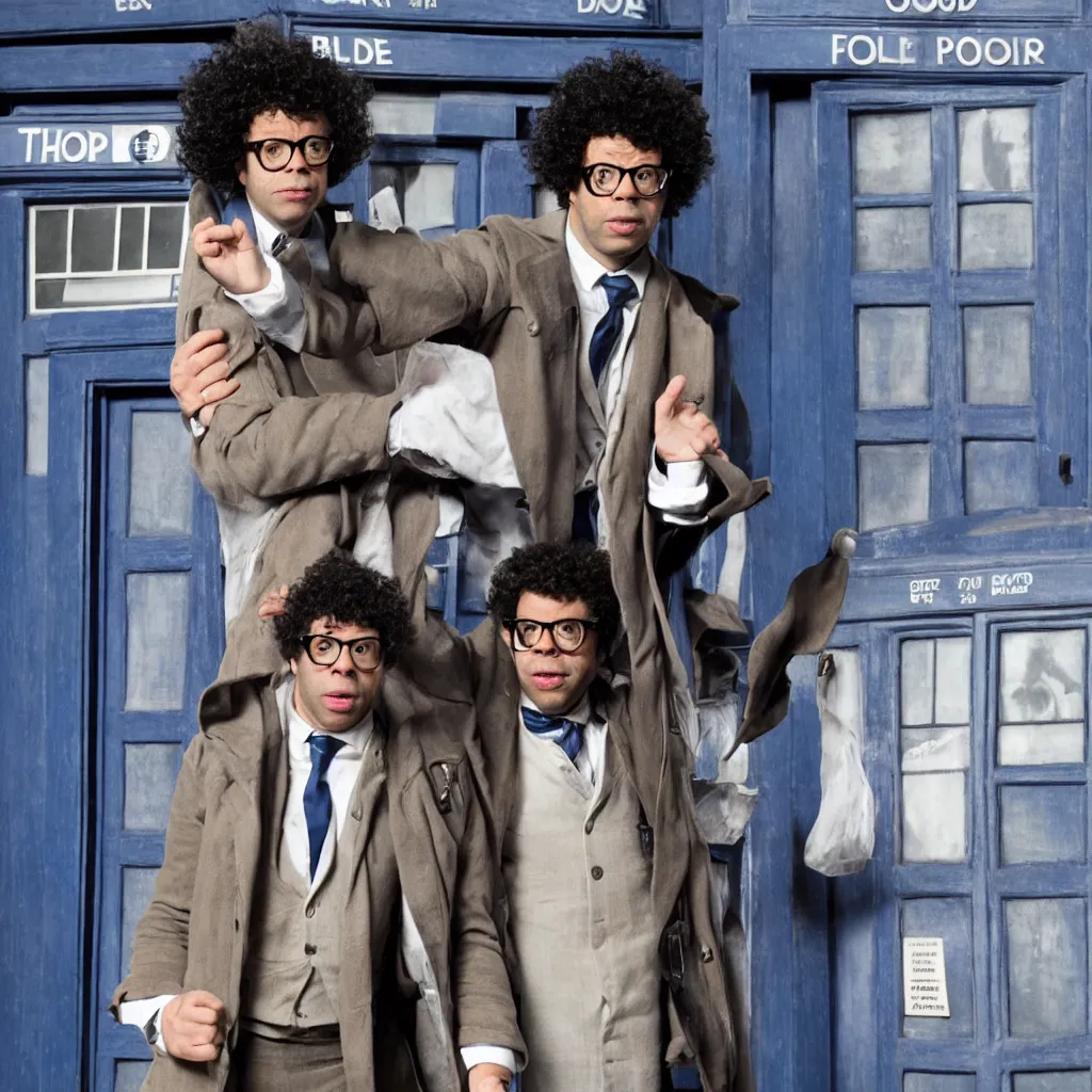 Prompt: Richard Ayoade as the Doctor, in front of the TARDIS