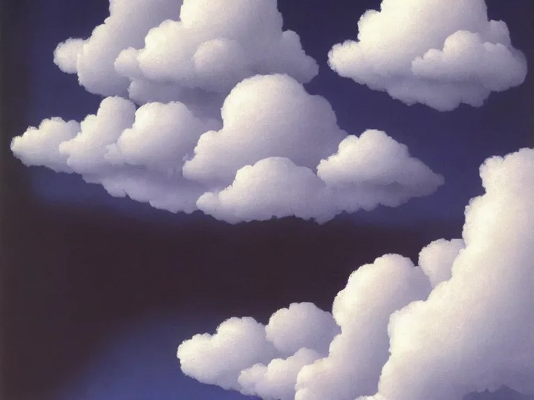 Prompt: man hidden behind cloud, painting by rene magritte, high detail, high resolution