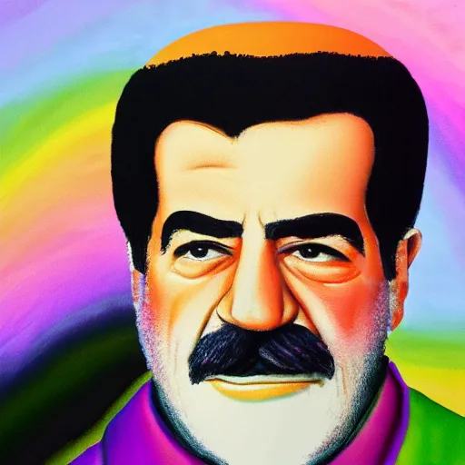 Image similar to rainbow colored portrait of saddam hussein with a pink puffy jacket hat, 8 k, intricate, detailed,