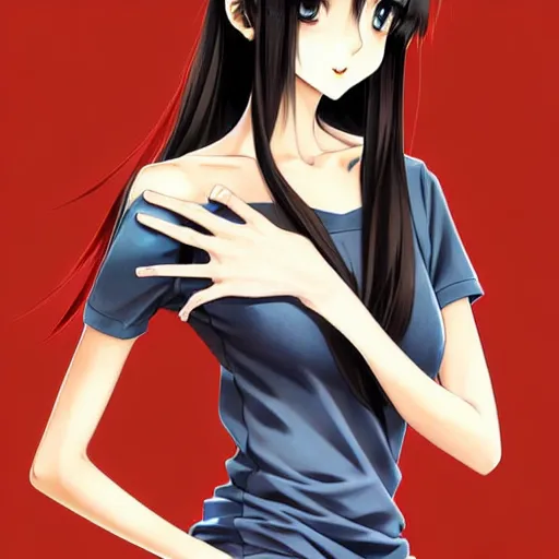 Prompt: attractive elegant sophisticated reservedyoung woman, slim figure, perfect silky straight hair, smooth tan skin, dark circles under bemused eyes, hip emo fashion, tshirt!!, shorts!!, illustrated for newtype magazine!! by range murata!!!, realistic anime style, pinterest, very interesting digital painting, beautiful portrait!!!