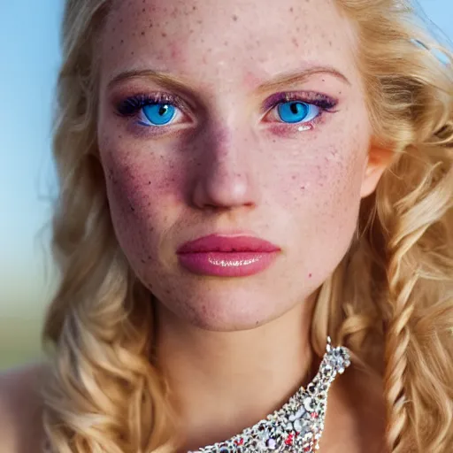 Prompt: close up headshot of a princess with long blonde hair and blue eyes wearing a strapless elaborately beaded pink dress, high resolution film still, 8k, HDR color, film by Simon Langton and David Frankel, triangular face, freckles, round narrow chin