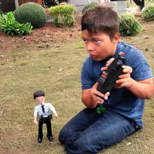 Image similar to a kid playing with A miniature Dwayne Johnson with toy guns