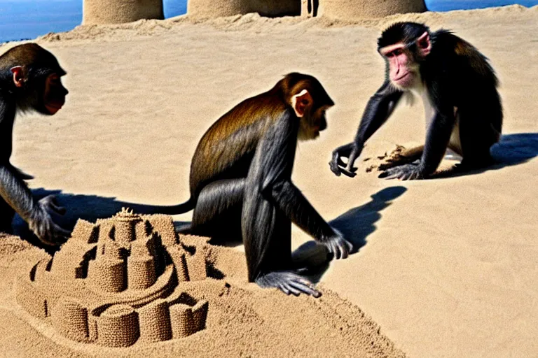 Image similar to a monkey touching a completed sand castle