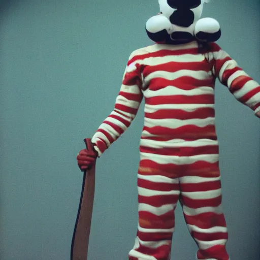 Image similar to a beige clown holding a machete, 3 5 mm film