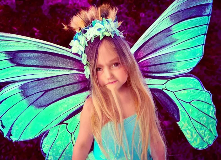 Prompt: a detailed photograph of a real fairy creature with butterfly wings.