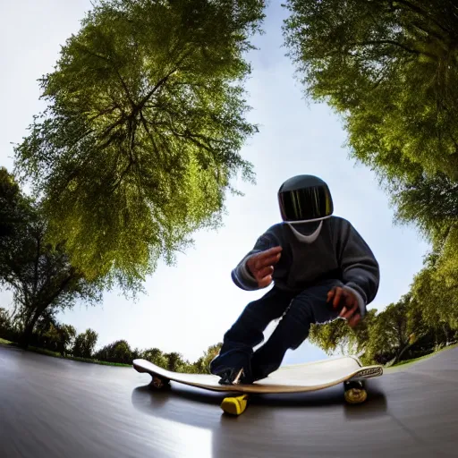 Image similar to knight in shining armor doing sick flips on a skateboard, fisheye lens, photo, realistic, bright lighting