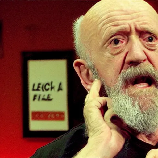 Image similar to mike ehrmantraut pretending to be george carlin on stand up night