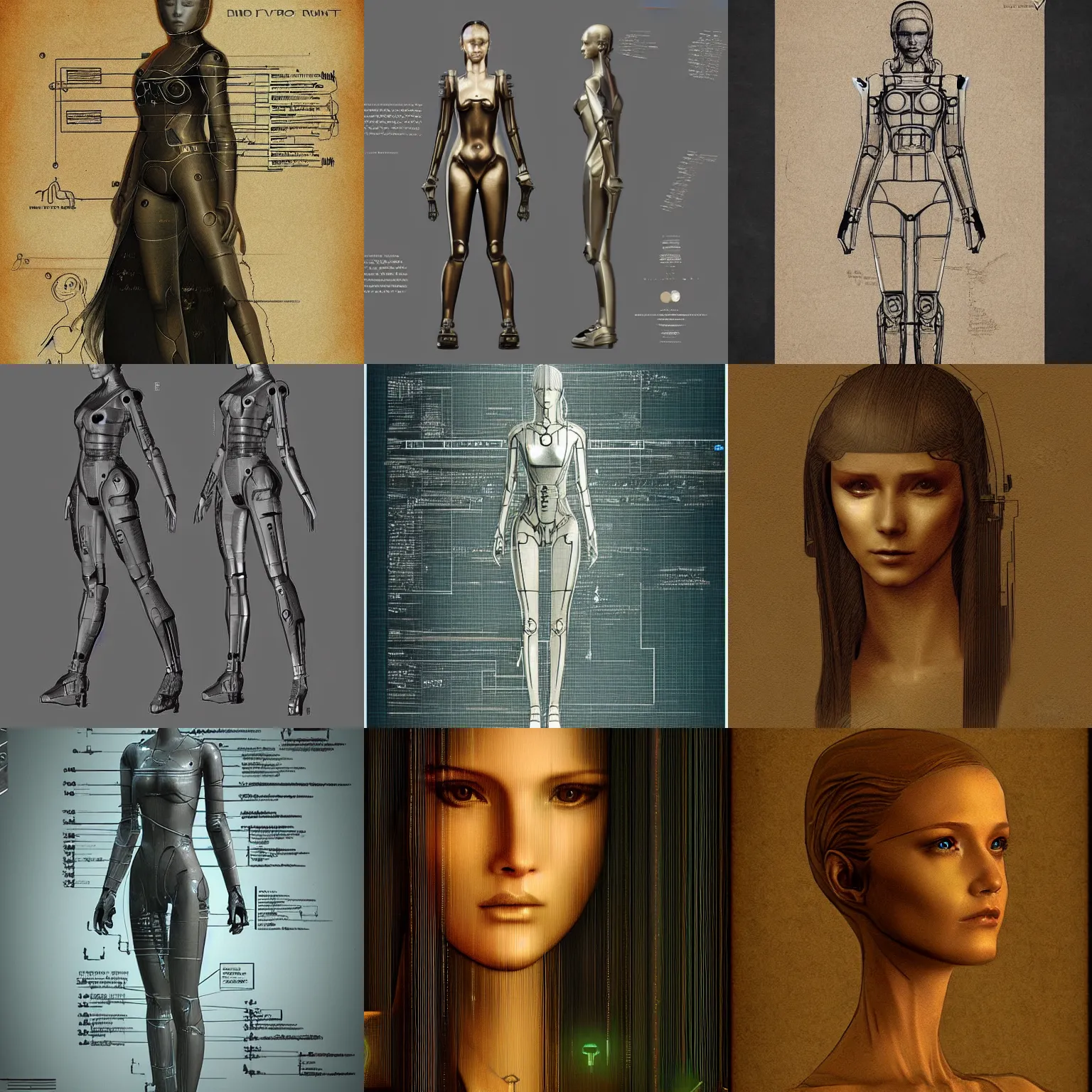 Prompt: Leonardo De vinci schematics of female android, blade runner style, digital art, unreal engine, trending on artstation