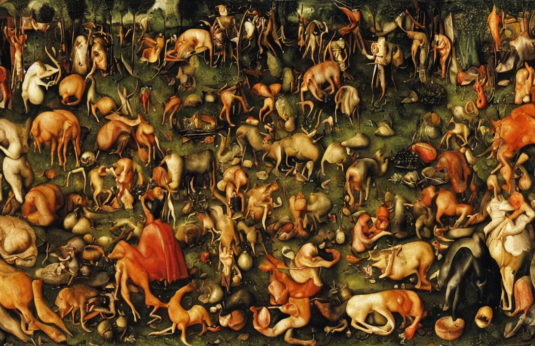 Image similar to vegetarians and carnivores, painting by bosch, extremely detailed triptych