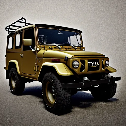 Image similar to in the style of Leonardo da Vinci a Toyota Fj43 build in 1981, black roof, with a roof rack, detailed, 8K, octane render, 8K,