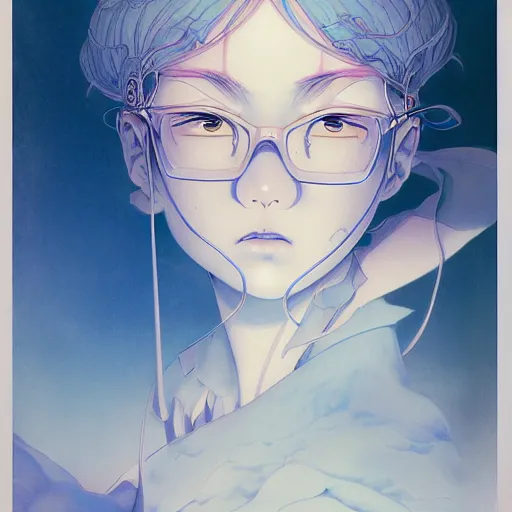 Image similar to prompt : blue portrait soft light painted by james jean and katsuhiro otomo, inspired by evangeleon anime, smooth face feature, intricate oil painting, high detail illustration, sharp high detail, manga and anime 1 9 9 0