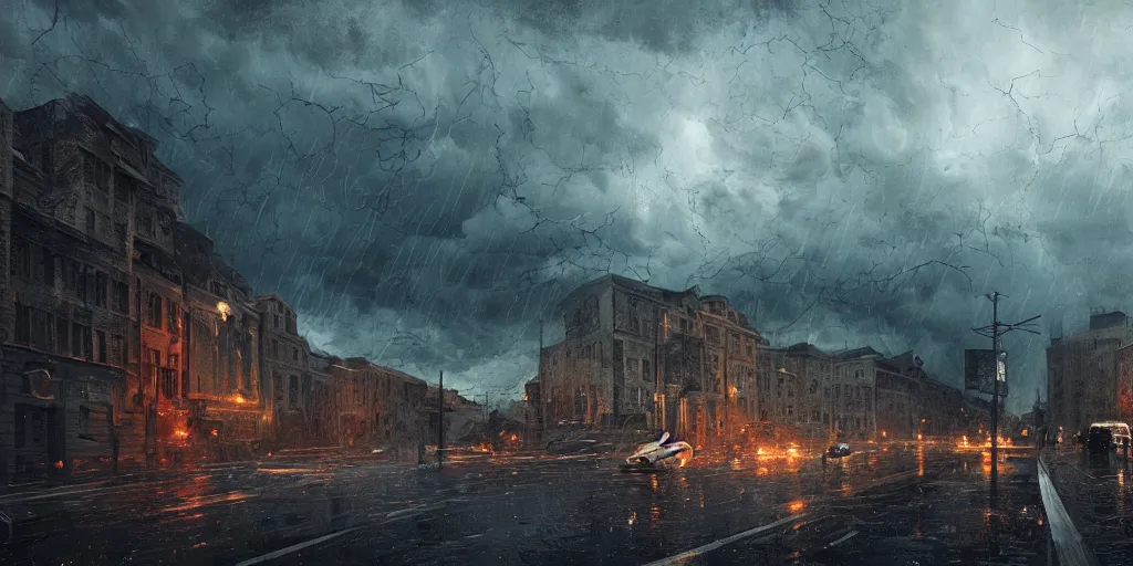 Prompt: photograph of severe weather storms across Europe, architecture, detailed textures, hyper realistic, cinematic lighting, urban art style, climate change, digital art painting by greg rutkowski, cinematic, concept art, 35mm grain filter