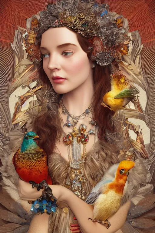 Image similar to zoom in 3 d render of english princess holding birds, fire, diamonds, ornaments, mucha vibe, dieselpunk, solarpunk, artstation, andrei riabovitchev