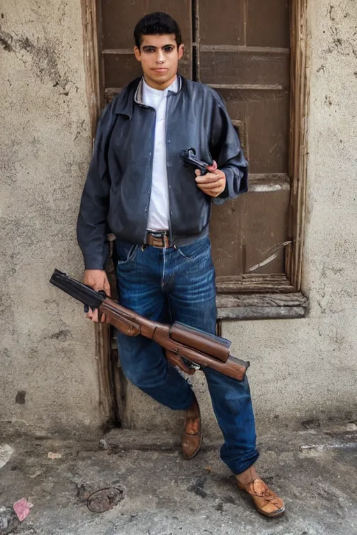 Image similar to a portrait of a handsome 2 3 years old cuban man holding a gun