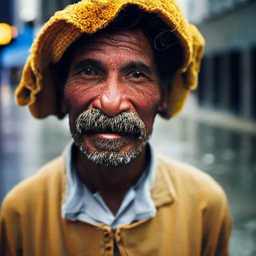 Image similar to closeup portrait of a cleaner with a giant mop in a rainy new york street, by Steve McCurry and David Lazar, natural light, detailed face, CANON Eos C300, ƒ1.8, 35mm, 8K, medium-format print