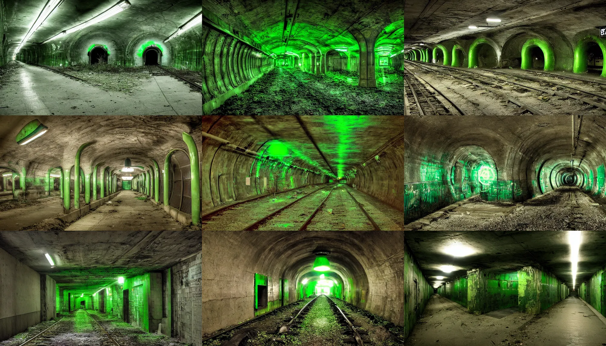 Prompt: subway tunnel, creepy, abandoned, radioactive green mushrooms