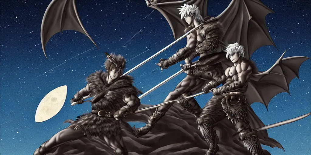Prompt: archer. dragon. night sky. moon. mountain. dark fantasy. epic fight. detailed. digital art. artstation. by kentaro miura