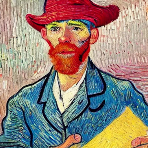 Image similar to oil painting of a man with construction hat holding a package in warehouse in the style of vincent van gogh