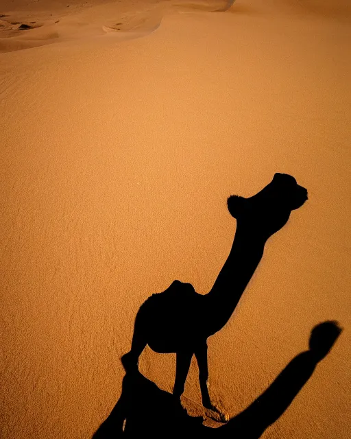 Image similar to photo of a giant human hand protruding from the sand in the sahara desert in the style of mano del desierto, a camel stands off in the distance, golden hour, bokeh