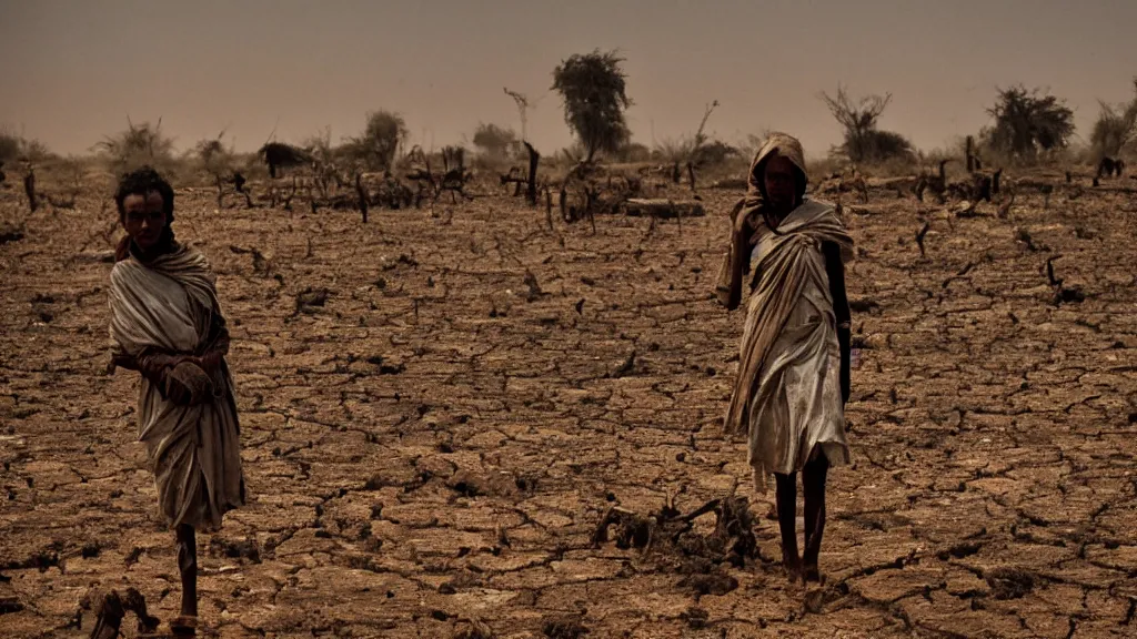 Image similar to 1984 Ethiopian biblical famine and drought as seen in Western TV, moody, dark, movie scene, depth of field, hd, 4k