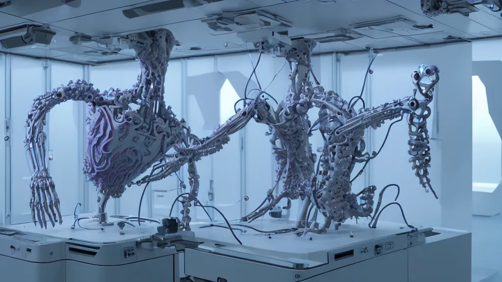 Prompt: a complex bifurcated robotic cnc surgical arm cybernetic symbiosis hybrid mri 3 d printer machine making organic ceramic fractal forms by wayne barlowe and beeple in the glass room laboratory with control panels, scientists, film still from the movie directed by denis villeneuve with art direction by wayne barlowe and salvador dali, wide lens, f 3 2,