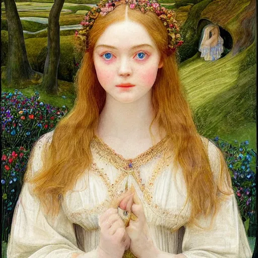 Prompt: professional painting of Elle Fanning in the style of Eleanor Fortescue-Brickdale, head and shoulders portrait, symmetrical facial features, smooth, sharp focus, illustration, intricate, stormy weather, extremely detailed masterpiece,