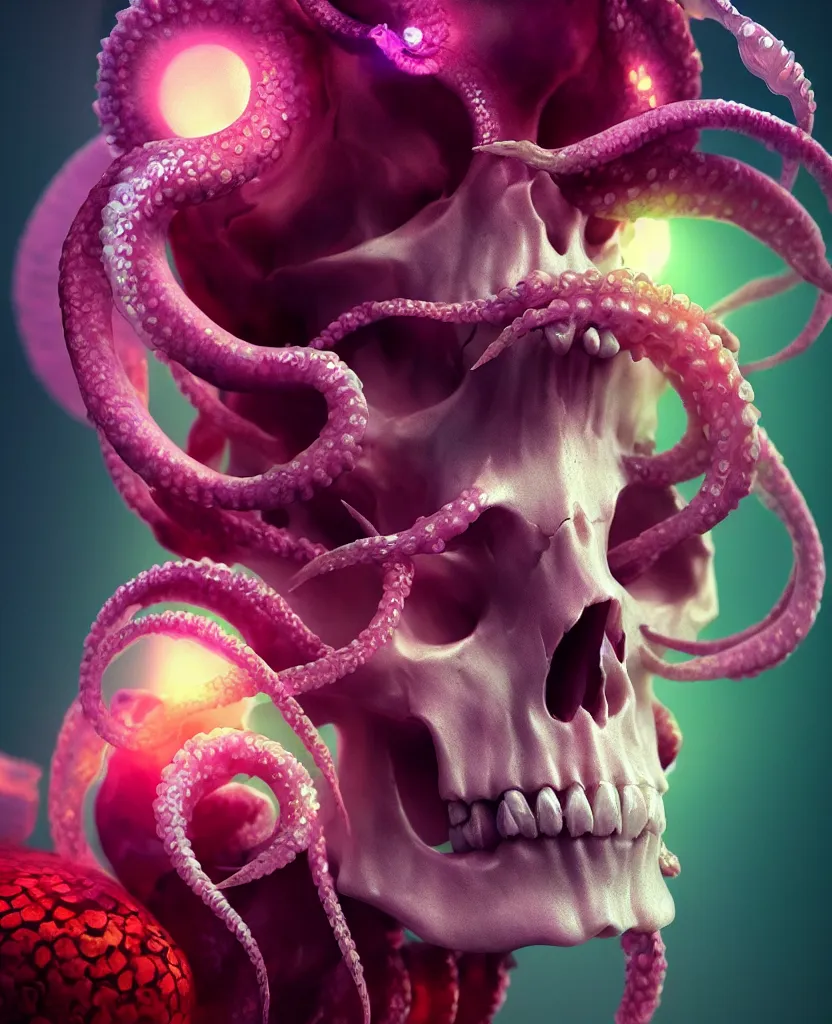 Image similar to goddess close - up portrait human skull, ram skull, squid phoenix jellyfish, orchid, betta fish, bioluminiscent, intricate artwork by tooth wu and wlop and beeple. octane render, trending on artstation, greg rutkowski very coherent symmetrical artwork. cinematic, hyper realism, high detail, octane render, 8 k