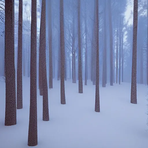 Image similar to winter forest inspired by Evgeny Lushpin, Peter Zumthor cinematic