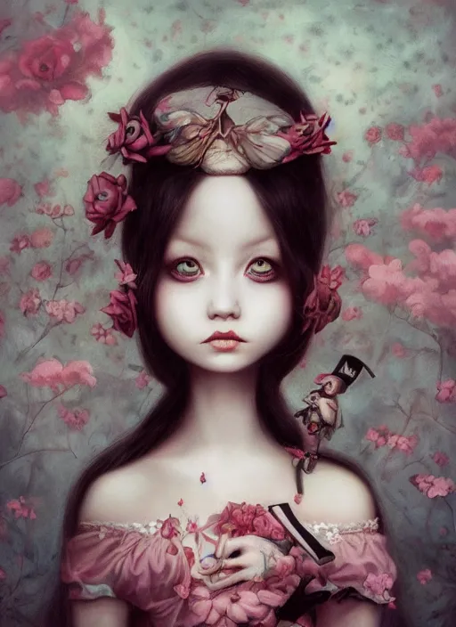 Image similar to pop surrealism, lowbrow art, realistic cute alice girl painting, japanese street fashion, hyper realism, muted colours, rococo, natalie shau, lori earley, tom bagshaw, mark ryden, trevor brown style,