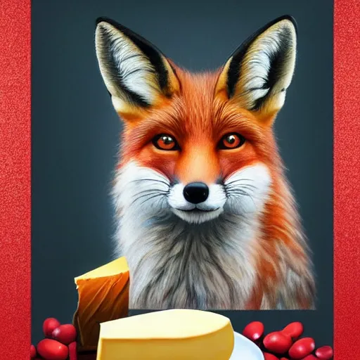 Image similar to perfectly-centered-Portrait-full-shot of a fox, wearing a santa hat, sitting next to a pile of cheese, intricate, elegant, super highly detailed, professional digital painting, artstation, concept art, smooth, sharp focus, no blur, no dof, extreme illustration, Unreal Engine 5, 8K, art by artgerm and greg rutkowski and alphonse mucha and loish and WLO