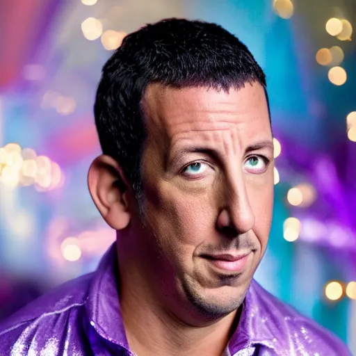Prompt: Adam Sandler with silver-violet hair, white eyes and golden glittery dress, wide lens, diorama, 4k,