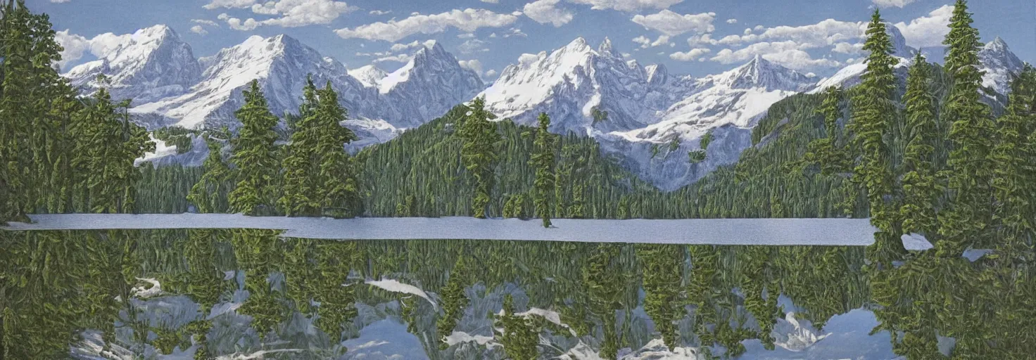 Image similar to escher painting of a lake, big trees reflecting on lake surface, mountains at background, snowy, ultra sharp, ultra detailed, colorized by salvador