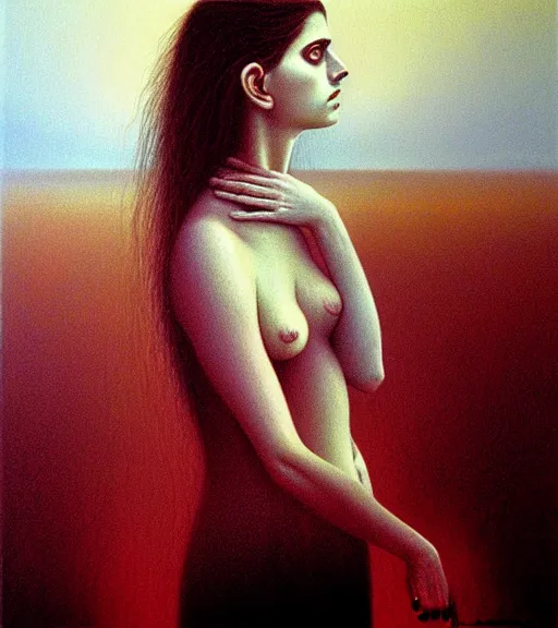 Image similar to A beautiful portrait of Alexandra Daddario, painting by Zdzisław Beksiński, utopian realism, formalism, doomsday