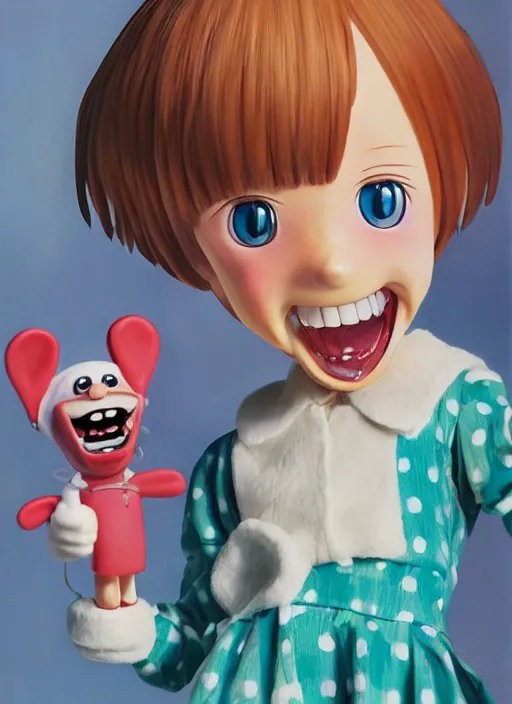 Prompt: a hyperrealistic oil panting of a kawaii anime girl figurine caricature with a big dumb grin featured on Wallace and Gromit by Quentin Matsys