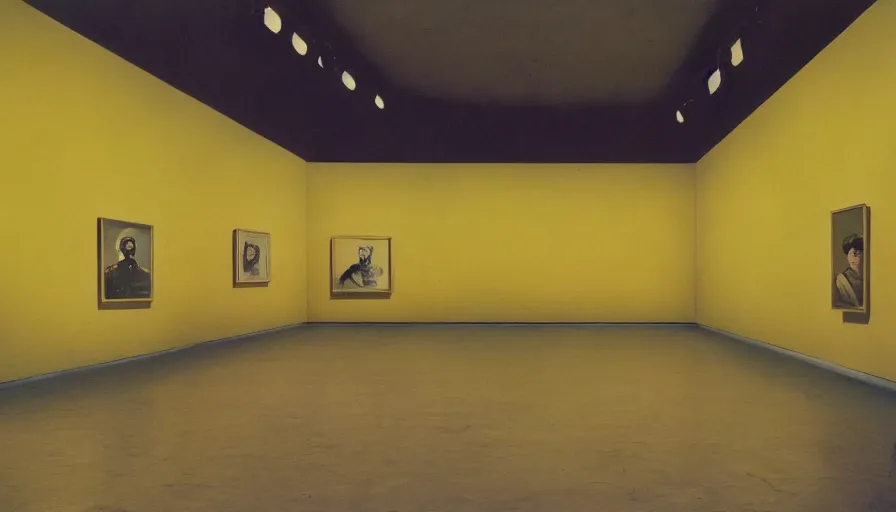 Prompt: 60s movie still of a sovietic stalinist style empty art museum with a soviet congress with yellow wall, REVOLOG KOLOR, liminal Space style, heavy grain