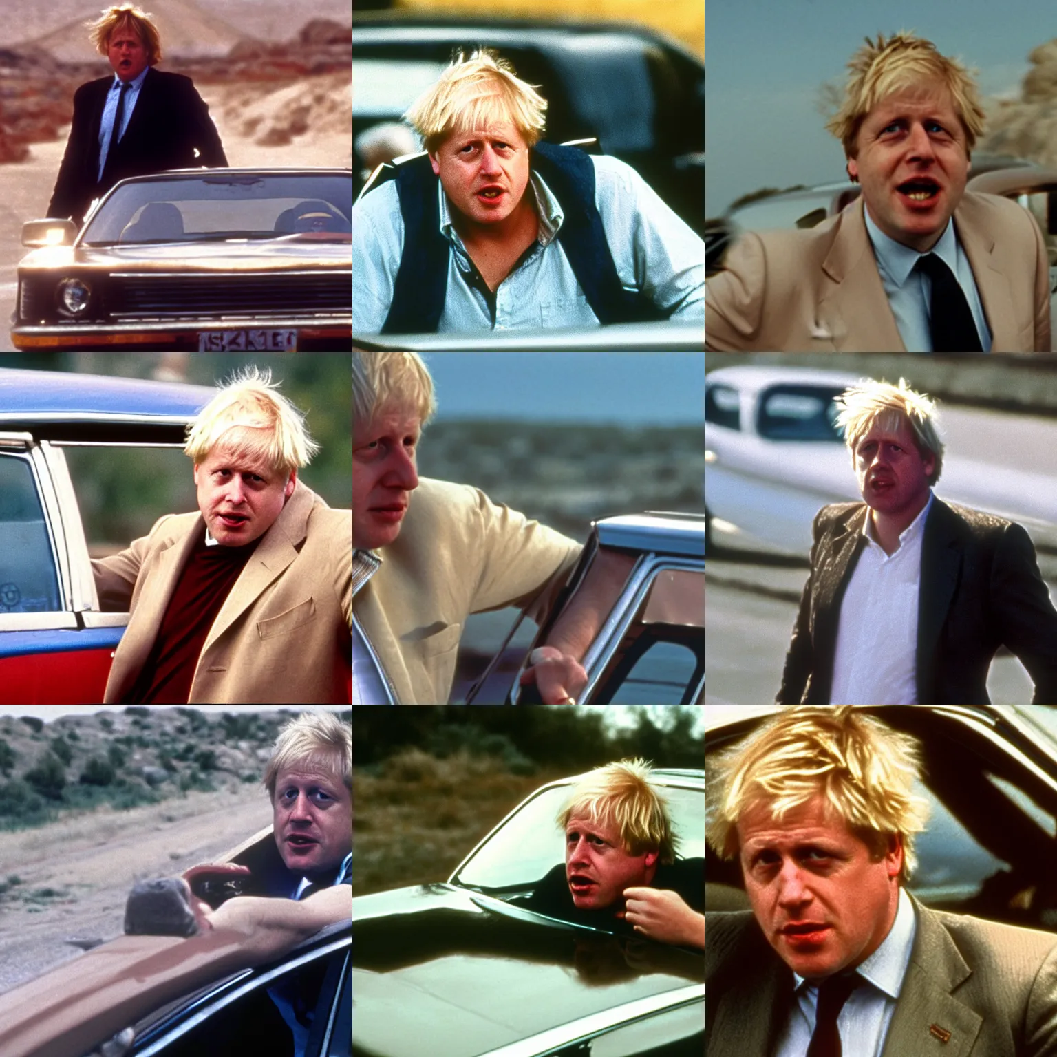 Prompt: boris johnson in thelma & louise, film still, high quality