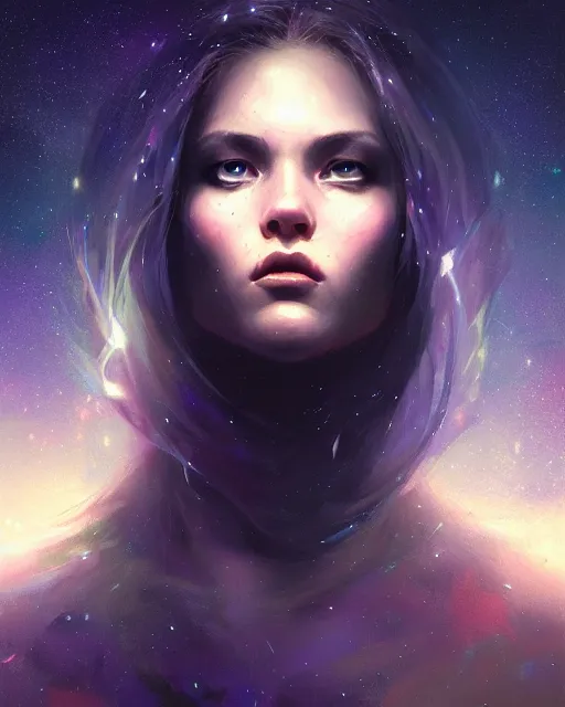 Image similar to epic portrait cinematic shot an giant female face in space, dark, stars, glowing, glowing eyes, fine details. night setting. realistic shaded lighting poster by craig mullism, artgerm, jeremy lipkin and michael garmash, unreal engine, radiant light, detailed and intricate environment, digital art, trending on art station,