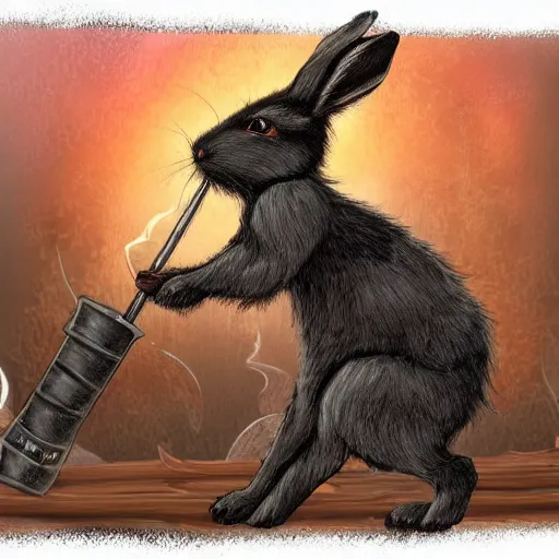 Image similar to blacksmith rabbit fursona detailed fire smoke anvil hammer photograph