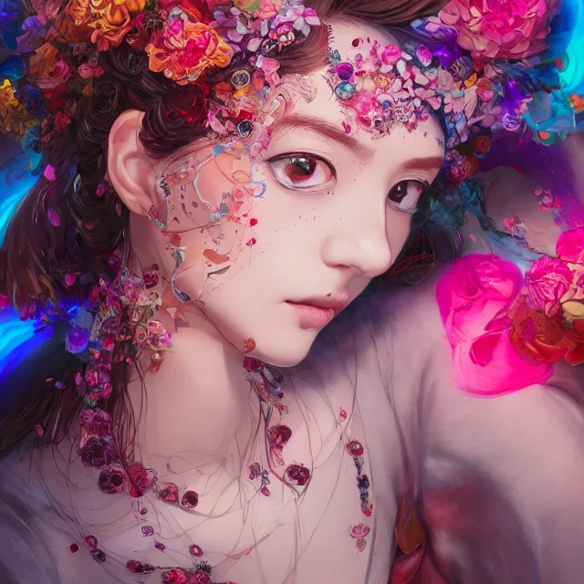 Image similar to studio portrait absurdly beautiful, elegant, lovely, young hypercolorful sensual anime teen rubies red petals gems, ultrafine hyperrealistic detailed face illustration by kim jung gi, irakli nadar, intricate linework, sharp focus, bright colors, matte, octopath traveler, final fantasy, unreal engine highly rendered, global illumination, radiant light, intricate rainbow environment