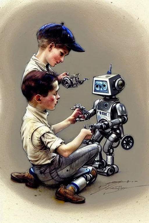 Image similar to (((((1950s a boy working on his robot . muted colors.))))) by Jean-Baptiste Monge !!!!!!!!!!!!!!!!!!!!!!!!!!!