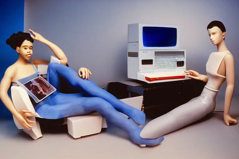 Image similar to an extremely realistic life-sized computer mainframe made of porcelain, beautiful model made of plastic sitting on a starry blue couch, from 1985, bathed in the glow of a crt television, low-light photograph, in style of Tyler Mitchell