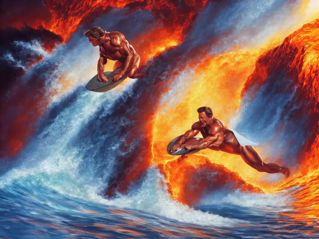 Image similar to arnold schwarzenegger surfing on lava wave by boris vallejo, stunning scene, 8 k, digital painting, hyperrealism, bright colors, trending on artstation