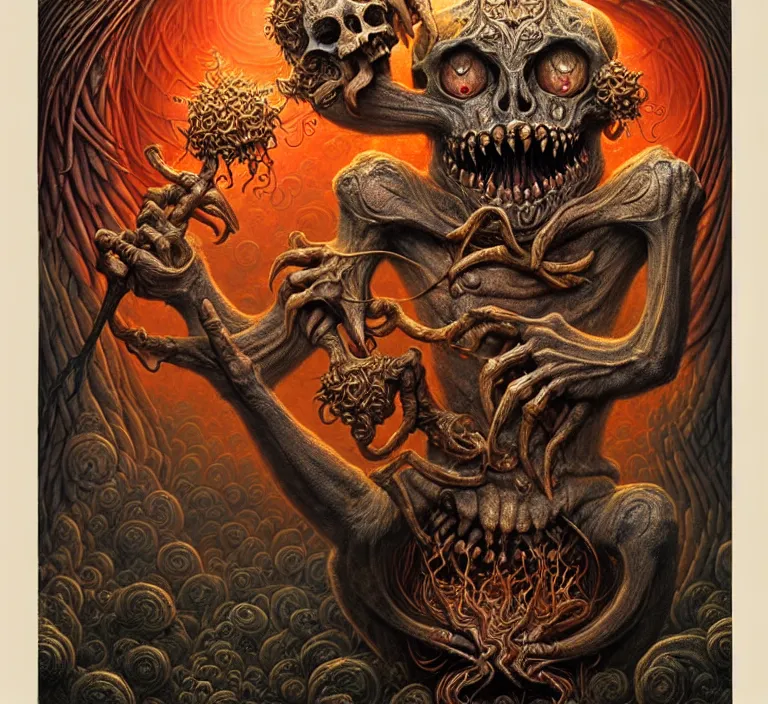 Image similar to A beautiful detailed grotesque monster super cute tarot card, by tomasz alen kopera and Justin Gerard, symmetrical features, ominous, magical realism, texture, intricate, ornate, royally decorated, skull, skeleton, whirling smoke, embers, red adornements, red torn fabric, radiant colors, fantasy, trending on artstation, volumetric lighting, micro details, 3d sculpture, ray tracing, 8k, anaglyph effect, digital art