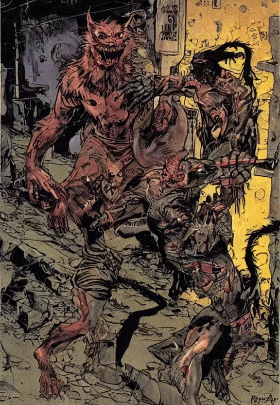 Image similar to a werewolf fighting a vampire in a dark brisbane alley, hd concept art by ron spencer and michael william kaluta and moebius and dave rapoza and richard borden.