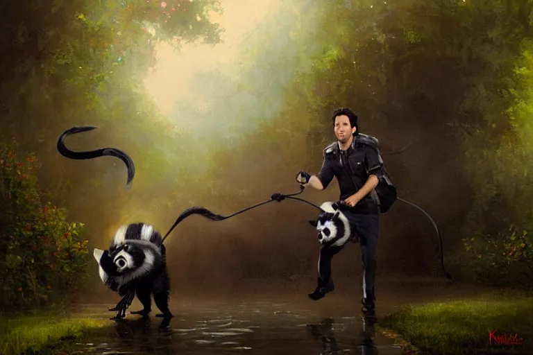 Image similar to paul rudd chasing a skunk late night, an oil painting by ross tran and thomas kincade