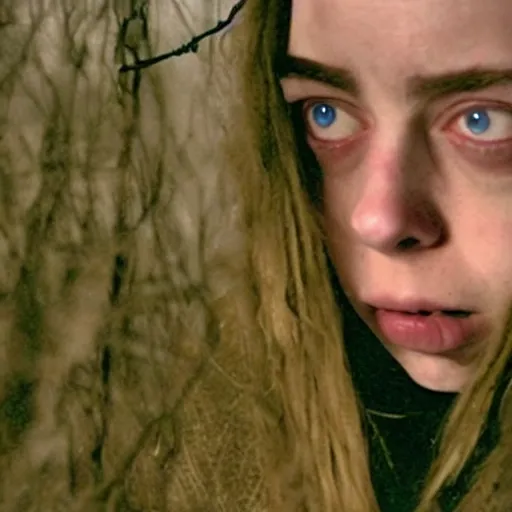 Image similar to found footage of Billie Eilish as the witch in The Blair Witch Project, movie still, horror