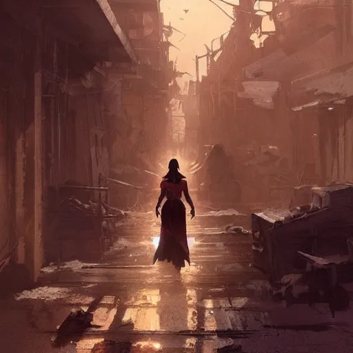 Prompt: old west concept art by greg rutkowski, wonder woman walking through a desolate town with broken down shops and a saloon, enigmatic atmosphere, beautiful and cinematic lighting, artstation hq.