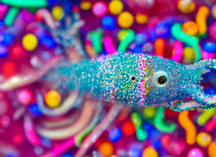 Prompt: underwater photo still of a squid with a glazed donut with rainbow sprinkles on its head, 4 k, 8 5 mm, f 1 6