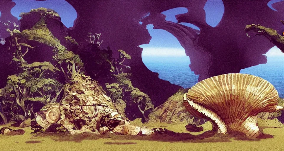 Image similar to a deserted island, giant seashell stands in the middle, surrounded by coral, a girl standing below, concept art by roger dean and john harris, atmospheric