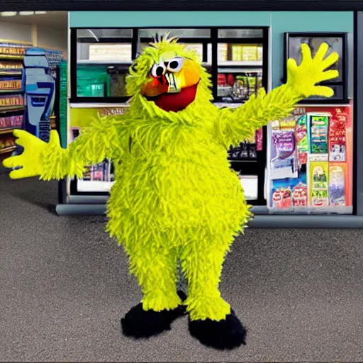 Prompt: Evil Sesame street Big Bird robbing a convenience store with an Ar15 gun